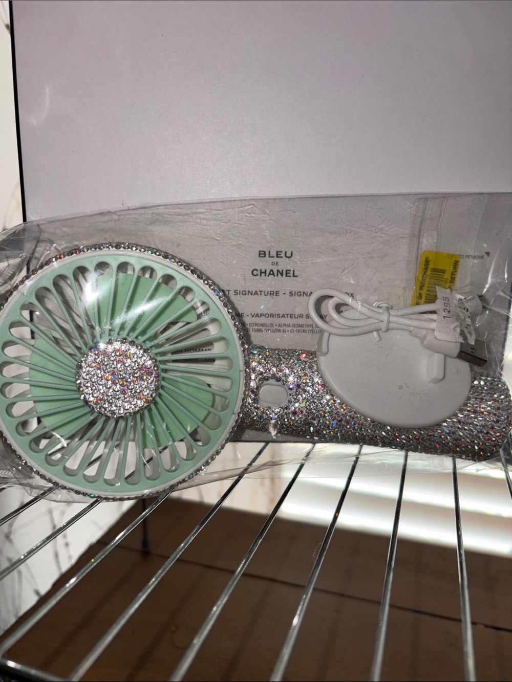 Mint Green Crystal-Embellished Handheld Fan